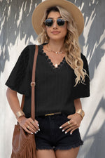 Load image into Gallery viewer, Swiss Dot Lace Trim Flutter Sleeve V-Neck Blouse