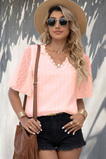 Load image into Gallery viewer, Swiss Dot Lace Trim Flutter Sleeve V-Neck Blouse