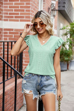 Load image into Gallery viewer, Eyelet Flutter Sleeve Scalloped V-Neck Top