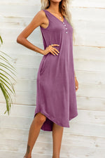 Load image into Gallery viewer, Buttoned V-Neck Curved Hem Sleeveless Dress