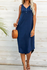 Load image into Gallery viewer, Buttoned V-Neck Curved Hem Sleeveless Dress