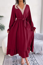 Load image into Gallery viewer, Contrast Belted Flounce Sleeve Dress