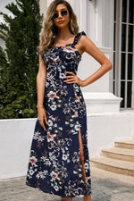 Load image into Gallery viewer, Floral Print Sleeveless Square Neck Slit Midi Dress