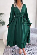 Load image into Gallery viewer, Contrast Belted Flounce Sleeve Dress