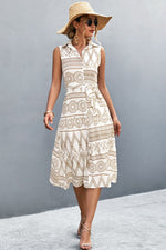 Load image into Gallery viewer, Printed Button Front Tie-Waist Sleeveless Collared Dress