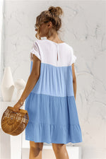 Load image into Gallery viewer, Color Block Round Neck Ruffle Hem Dress