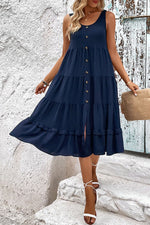 Load image into Gallery viewer, Decorative Button Scoop Neck Tiered Sleeveless Dress