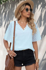 Load image into Gallery viewer, Swiss Dot Lace Trim Flutter Sleeve V-Neck Blouse