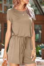 Load image into Gallery viewer, Drawstring Waist Short Sleeve Romper with Pockets