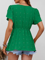 Load image into Gallery viewer, Swiss Dot Buttoned Petal Sleeve Peplum Blouse