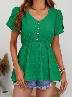 Load image into Gallery viewer, Swiss Dot Buttoned Petal Sleeve Peplum Blouse