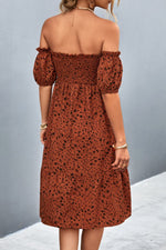 Load image into Gallery viewer, Ditsy Floral Smocked Frill Trim Off-Shoulder Dress