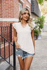 Load image into Gallery viewer, Eyelet Flutter Sleeve Scalloped V-Neck Top