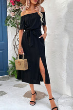 Load image into Gallery viewer, Tie-Waist Off-Shoulder Split Dress