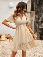 Load image into Gallery viewer, Swiss Dot V-Neck Openwork Puff Sleeve Dress