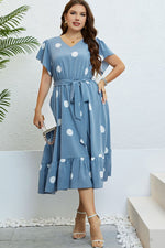 Load image into Gallery viewer, Polka Dot Belted Flutter Sleeve Ruffle Hem Dress