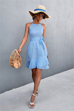 Load image into Gallery viewer, Printed Tie Waist Ruffle Hem Sleeveless Dress