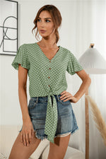 Load image into Gallery viewer, Decorative Button V-Neck Tied Blouse