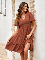 Load image into Gallery viewer, Swiss Dot V-Neck Openwork Puff Sleeve Dress