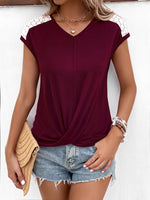 Load image into Gallery viewer, Spliced Lace V-Neck Twisted Hem Tee