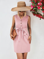 Load image into Gallery viewer, Buttoned V-Neck Belted Sleeveless Dress