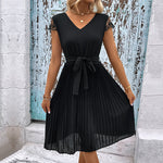 Load image into Gallery viewer, V-Neck Tie Belt Pleated Dress