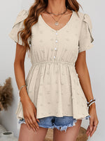 Load image into Gallery viewer, Swiss Dot Buttoned Petal Sleeve Peplum Blouse