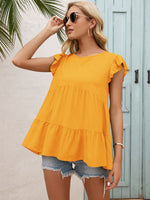 Load image into Gallery viewer, Round Neck Flutter Sleeve Tiered Blouse