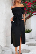 Load image into Gallery viewer, Tie-Waist Off-Shoulder Split Dress