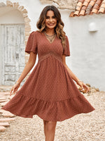 Load image into Gallery viewer, Swiss Dot V-Neck Openwork Puff Sleeve Dress