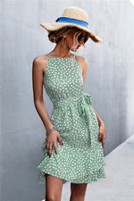 Load image into Gallery viewer, Printed Tie Waist Ruffle Hem Sleeveless Dress