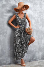 Load image into Gallery viewer, Printed V-Neck Tie Waist Maxi Dress