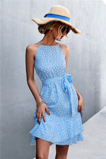 Load image into Gallery viewer, Printed Tie Waist Ruffle Hem Sleeveless Dress