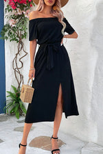 Load image into Gallery viewer, Tie-Waist Off-Shoulder Split Dress