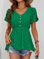 Load image into Gallery viewer, Swiss Dot Buttoned Petal Sleeve Peplum Blouse