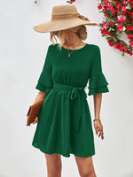 Load image into Gallery viewer, Round Neck Tie Belt Flounce Sleeve Dress