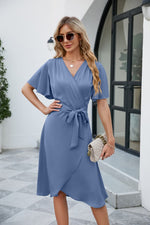 Load image into Gallery viewer, Tie Waist Flutter Sleeve Surplice Dress