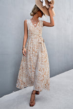 Load image into Gallery viewer, Printed V-Neck Tie Waist Maxi Dress