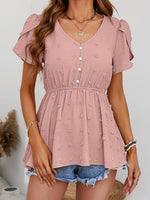 Load image into Gallery viewer, Swiss Dot Buttoned Petal Sleeve Peplum Blouse