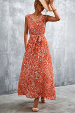 Load image into Gallery viewer, Printed V-Neck Tie Waist Maxi Dress