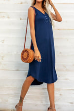 Load image into Gallery viewer, Buttoned V-Neck Curved Hem Sleeveless Dress