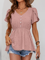 Load image into Gallery viewer, Swiss Dot Buttoned Petal Sleeve Peplum Blouse
