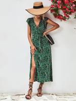 Load image into Gallery viewer, Printed Surplice Neck Flutter Sleeve Slit Dress