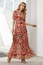 Load image into Gallery viewer, Floral V-Neck Short Flounce Sleeve Dress
