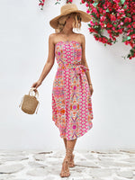 Load image into Gallery viewer, Printed Strapless Tie Belt Dress