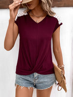 Load image into Gallery viewer, Spliced Lace V-Neck Twisted Hem Tee
