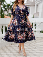 Load image into Gallery viewer, Plus Size Floral Surplice Neck Midi Dress