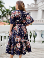 Load image into Gallery viewer, Plus Size Floral Surplice Neck Midi Dress