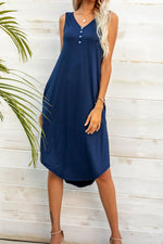 Load image into Gallery viewer, Buttoned V-Neck Curved Hem Sleeveless Dress