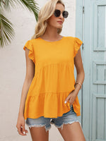 Load image into Gallery viewer, Round Neck Flutter Sleeve Tiered Blouse
